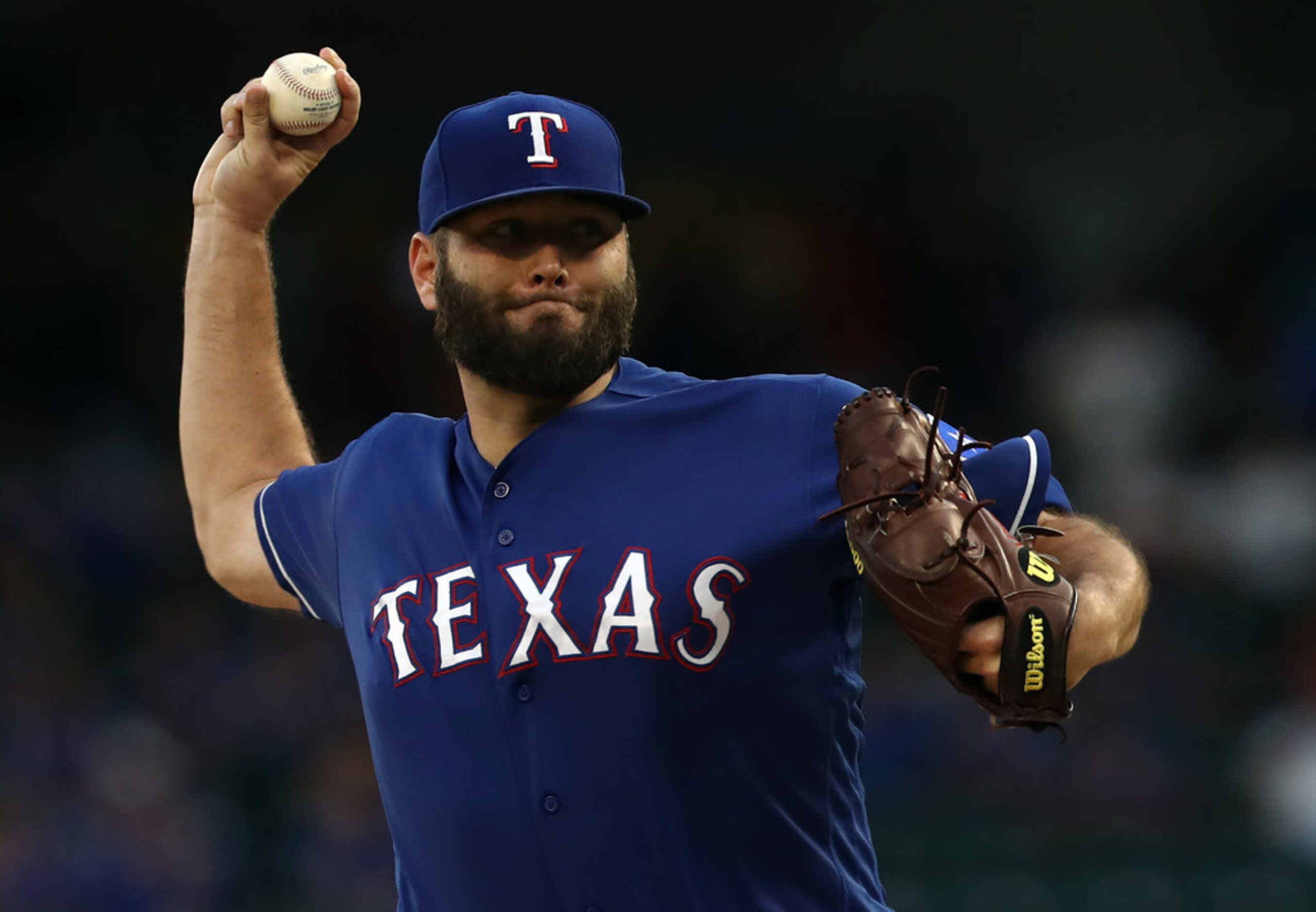 ARLINGTON, TEXAS - SEPTEMBER 10:  Lance Lynn #35 of the Texas Rangers throws against the...