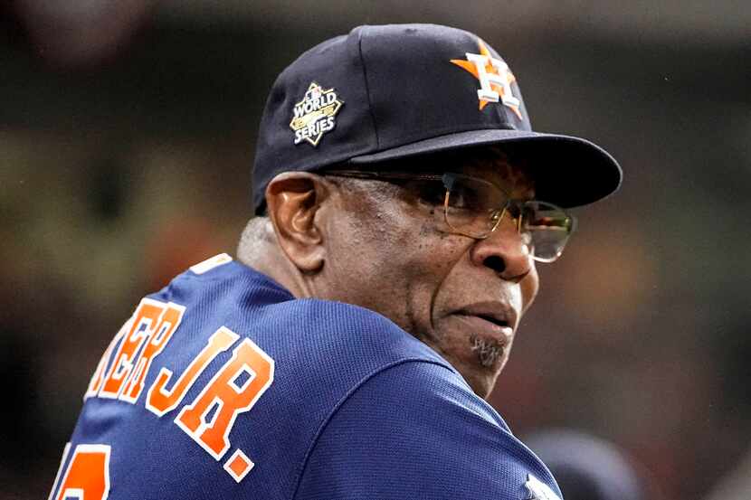 Houston Astros manager Dusty Baker Jr. watches during the second inning in Game 6 of...