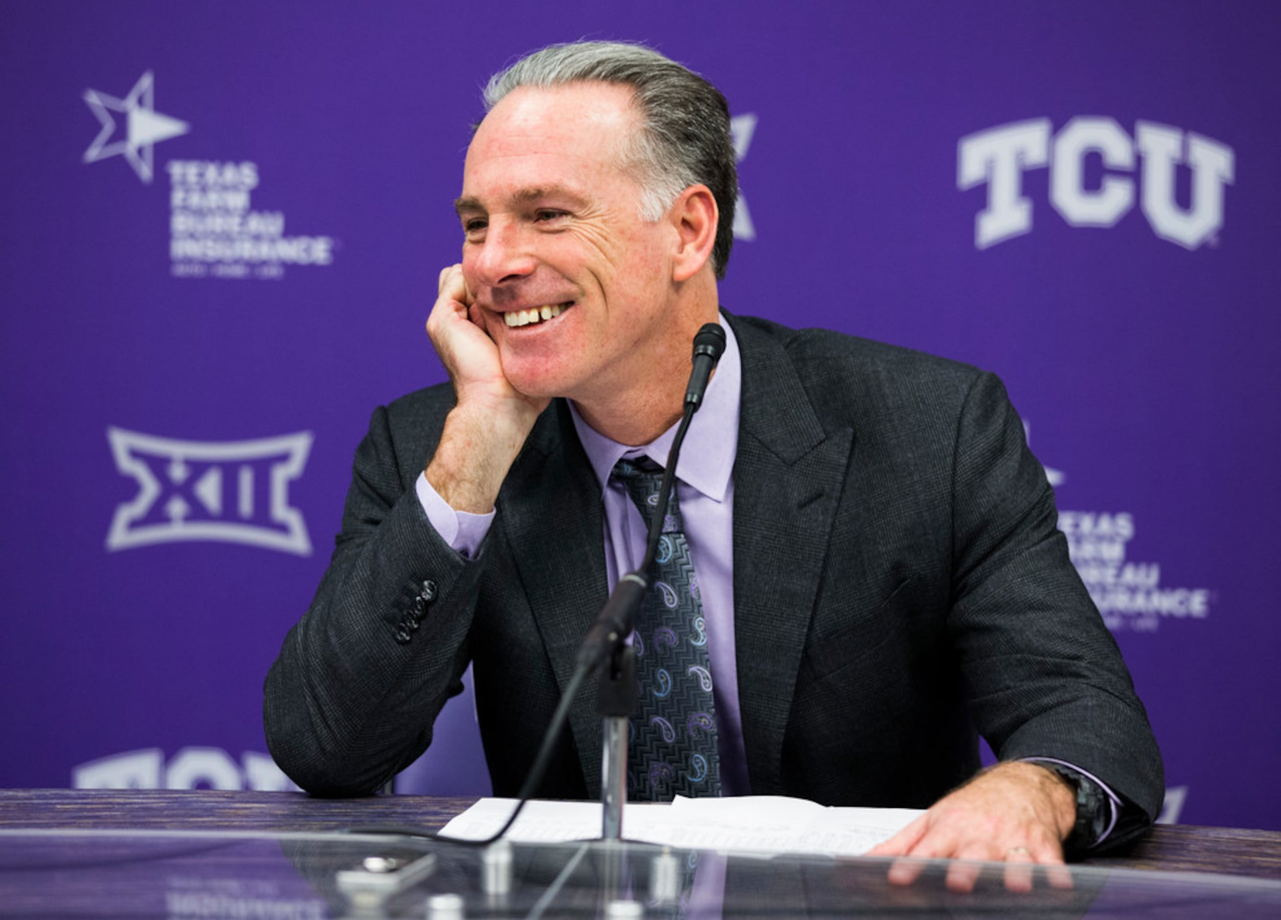 TCU Horned Frogs head coach Jamie Dixon speaks to reporters after an NCAA mens basketball...