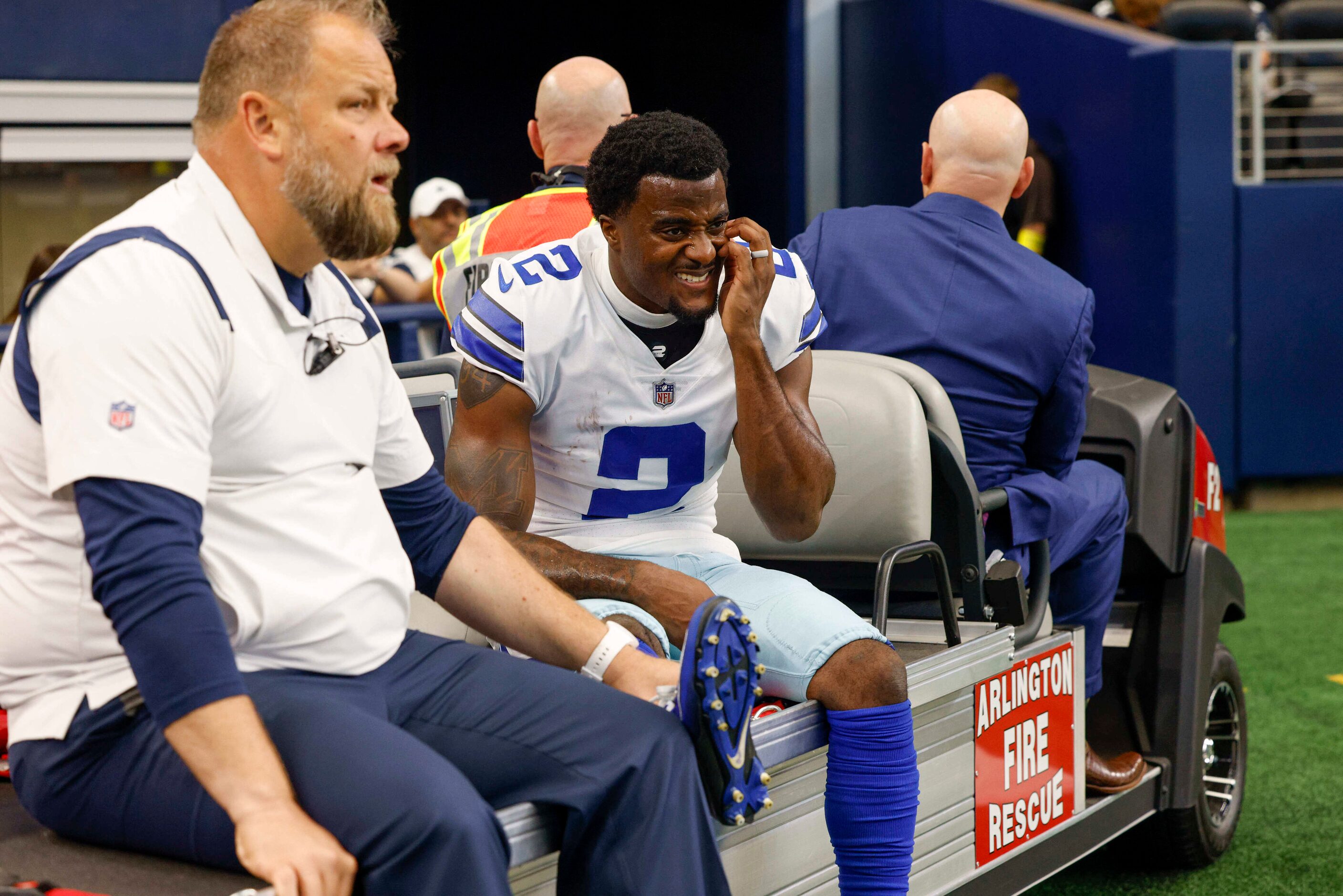 Dallas Cowboys cornerback Jourdan Lewis (2) is taken off the field on a cart after suffering...