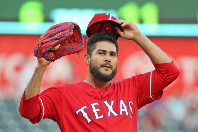 Texas Rangers starting pitcher Martin Perez (33) is pictured during the Los Angeles Angels...