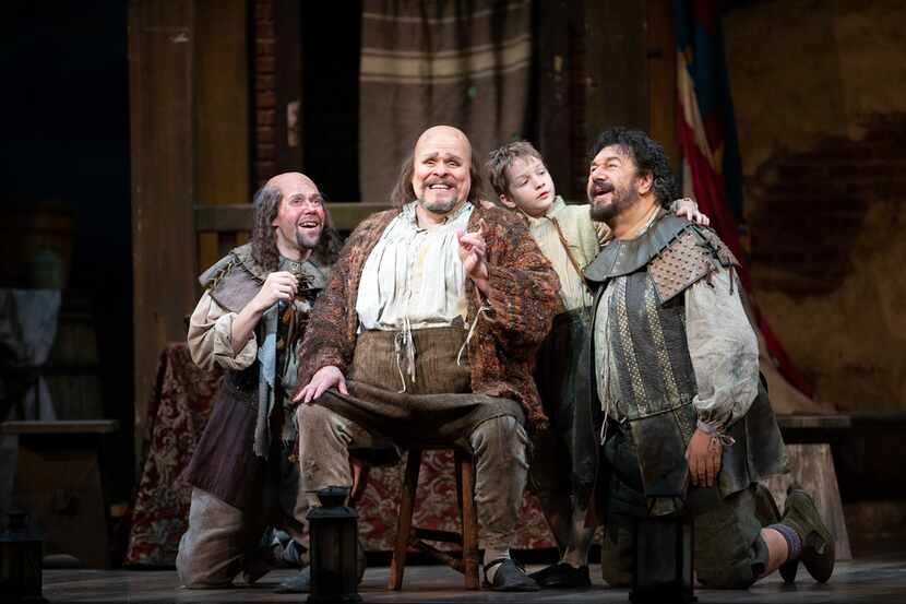 Mark Delavan (center) as Sir John Falstaff, with (from left) Alex Mansoori (Bardolfo),  Sam...