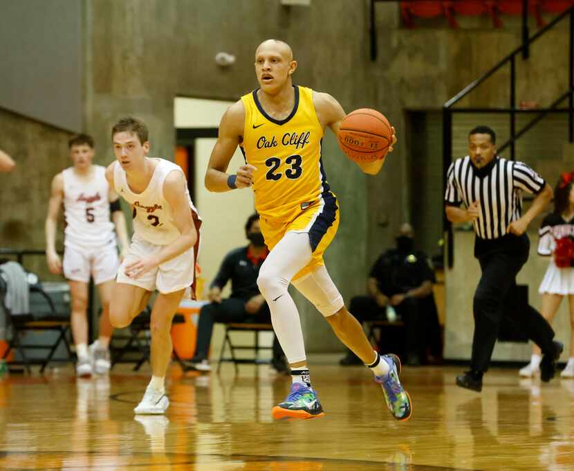 Oak Cliff Faith Family’s Jordan Walsh (23) drives the ball against Argyle during a boys...