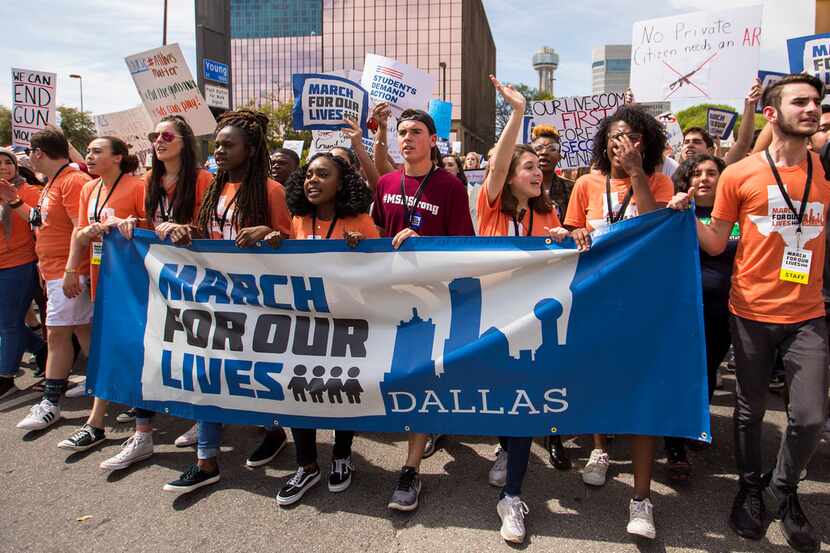 Student organizers lead a march and rally in support of gun safety laws on Saturday, March...