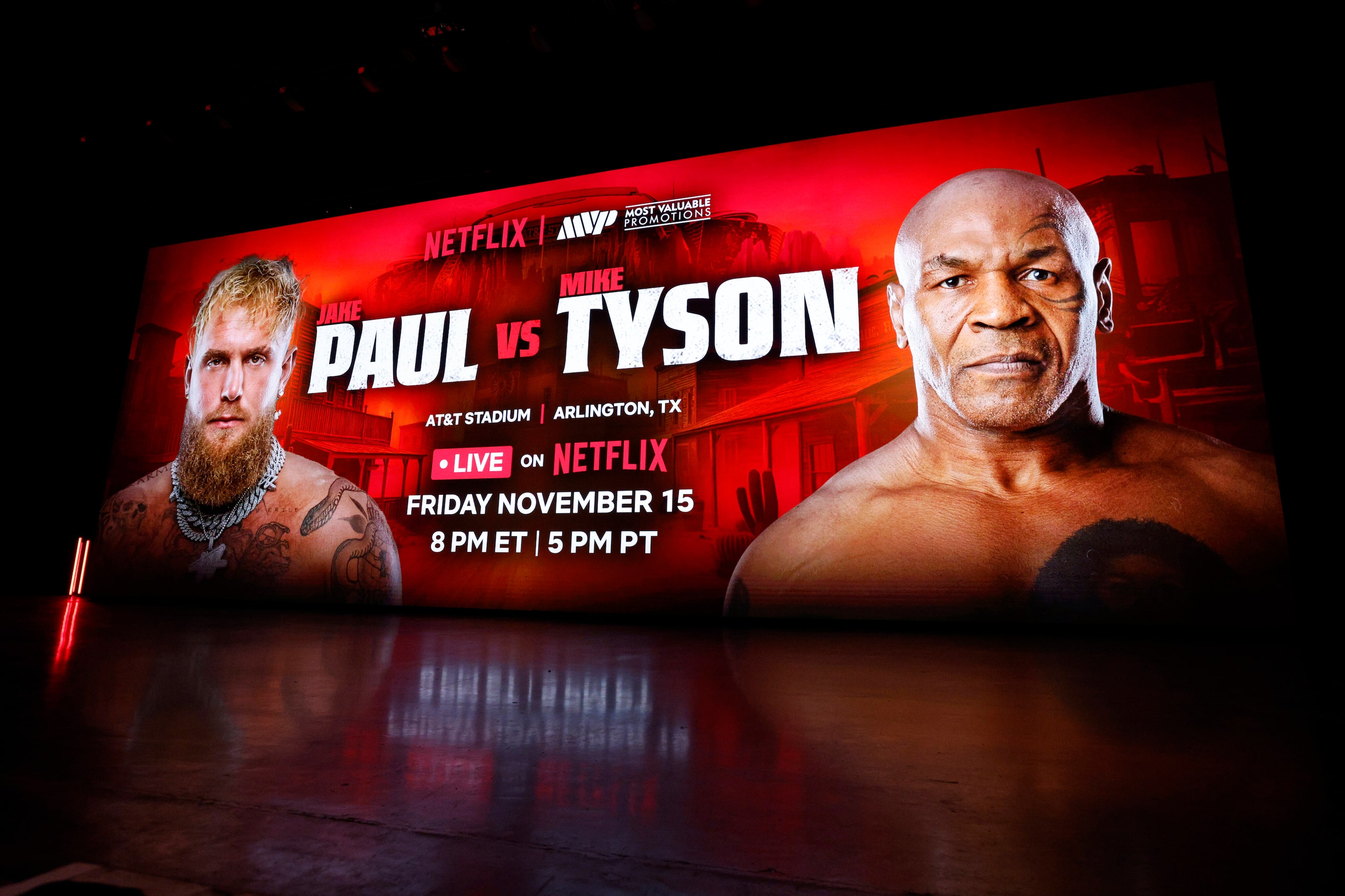 A video board promoting the boxing match between Jake Paul and Mike Tyson is seen after an...