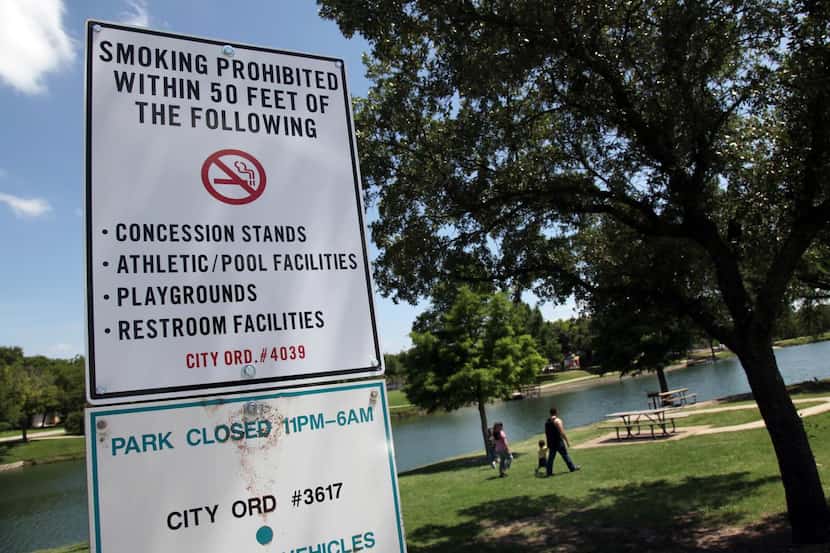 
In 2009, city of Mesquite passed an ordinance that says you can’t smoke within 50 feet of a...