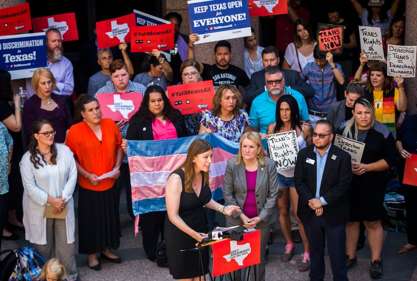Opponents gathered in July 2017 at the Texas Capitol to protest the so-called bathroom bill,...