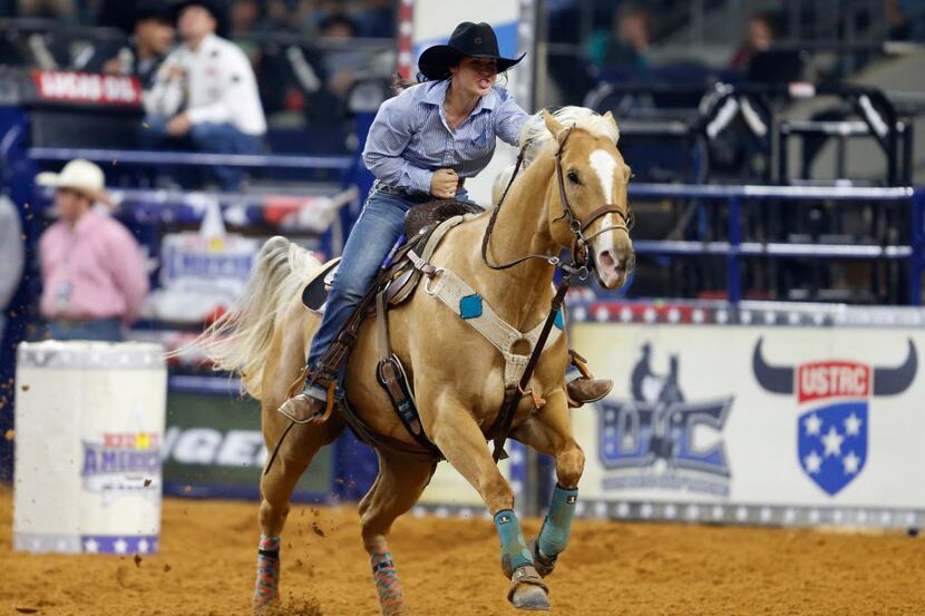 Hailey Kinsel competes in the barrel racing event of The American at AT&T Stadium in...