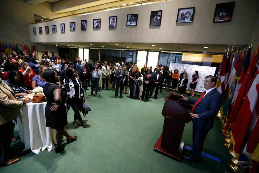 Dallas Mayor Mike Rawlings speaks during a reception that honors 300 of the best and...