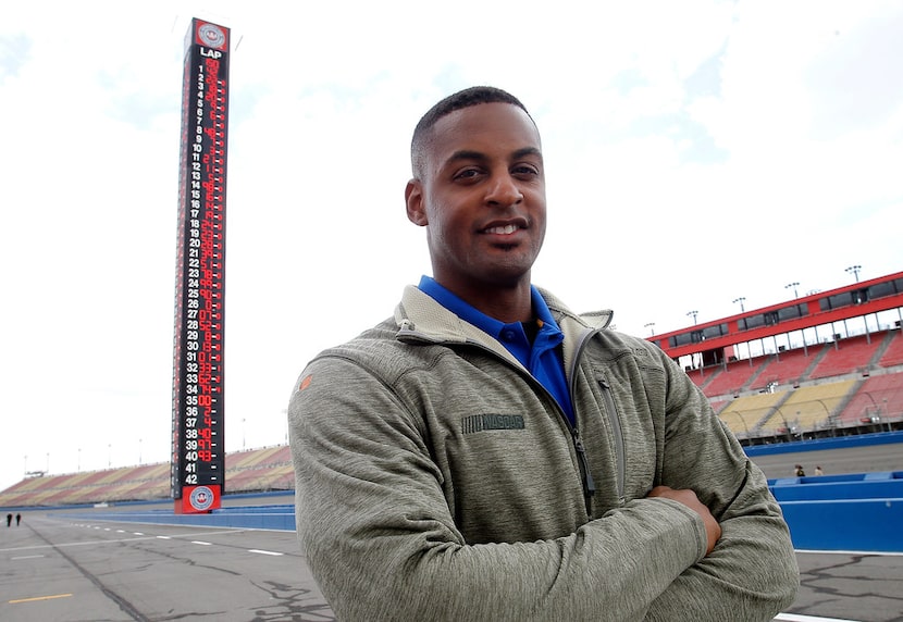 Jusan Hamilton stands on the track after the NASCAR Xfinity auto race at the Auto Club...