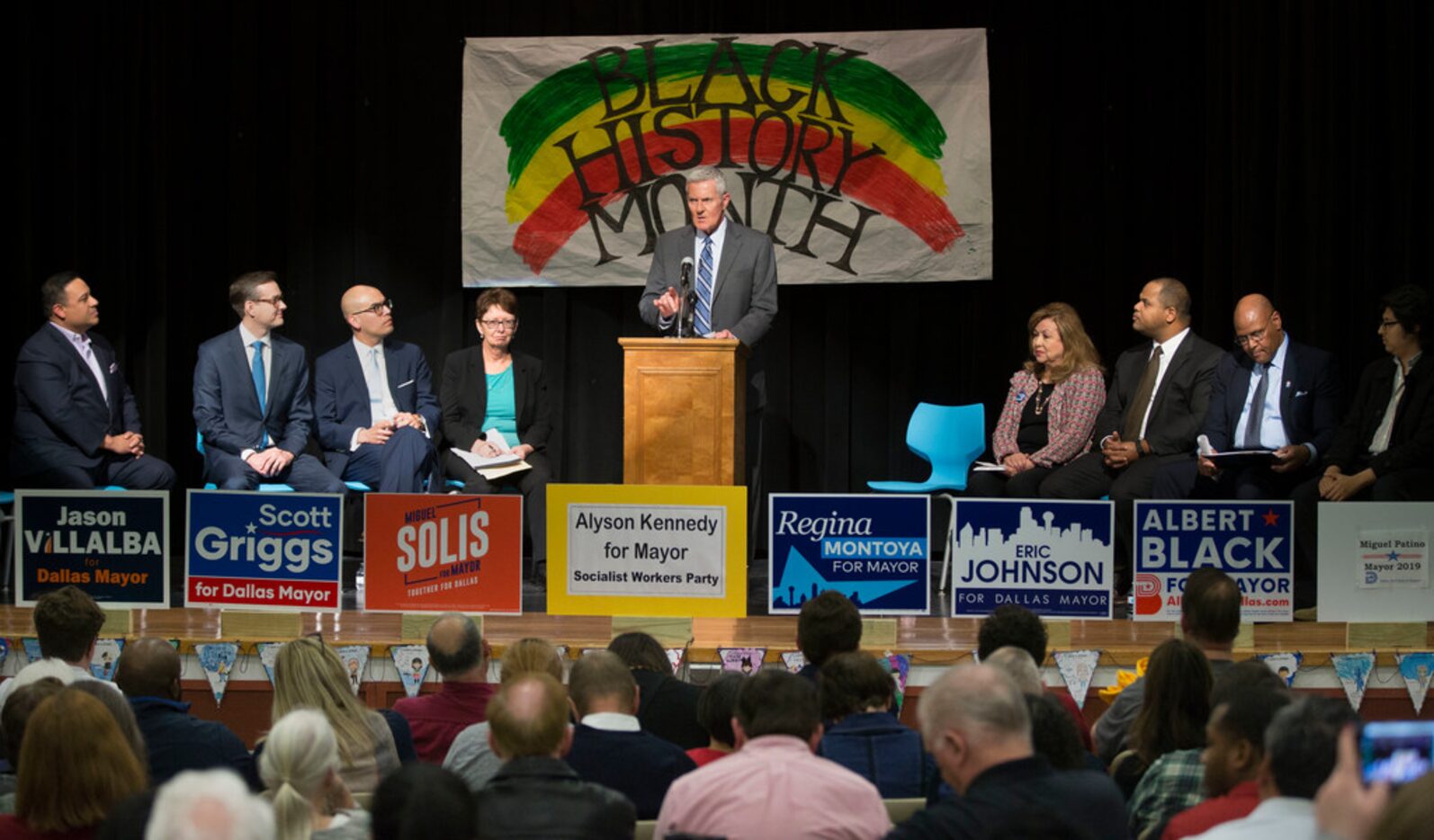 NBC5 reporter Ken Kalthoff (center) hosted the Dallas Mayoral Candidate Forum held at Edna...