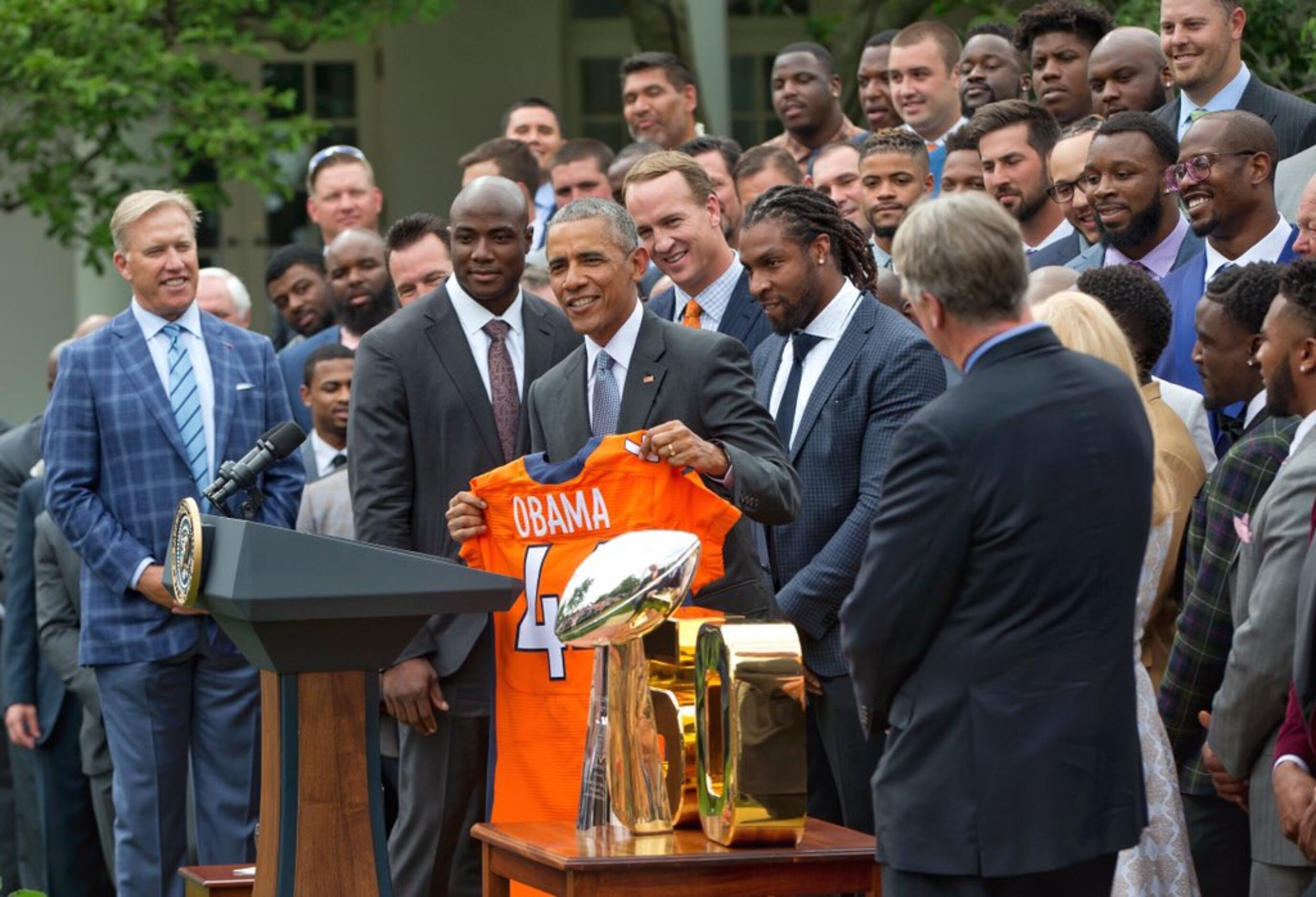 Barack Obama hosts Denver Broncos at White House