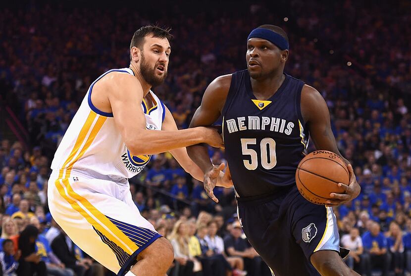 OAKLAND, CA - APRIL 13:  Zach Randolph #50 of the Memphis Grizzlies drives against Andrew...