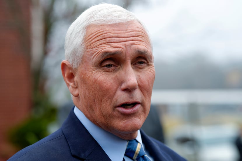 FILE - Former Vice President Mike Pence speaks with reporters, Dec. 6, 2022, at Garden...