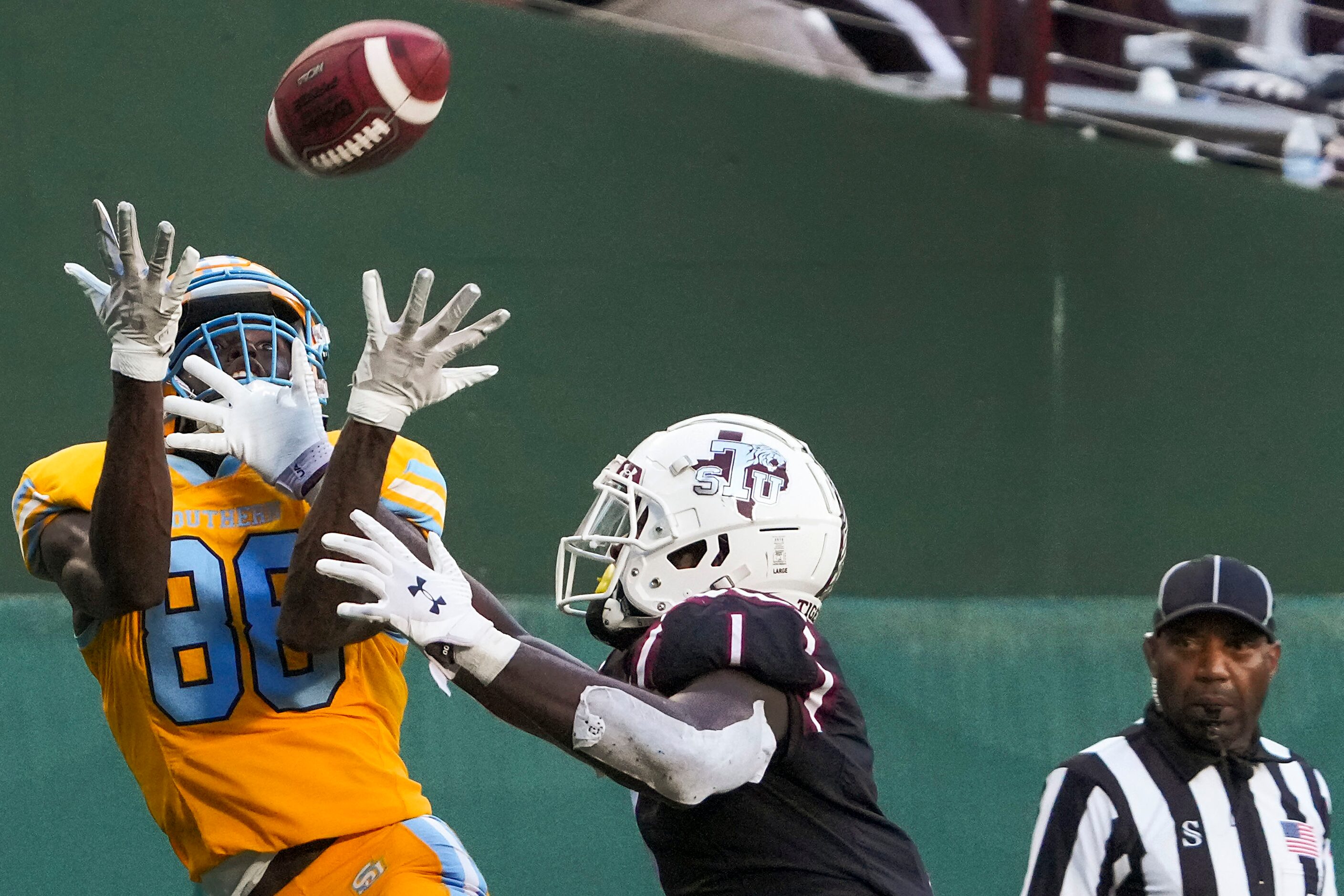 TSU safety Raheme Fuller (1) breaks up a pass intended for Southern  wide receiver August...