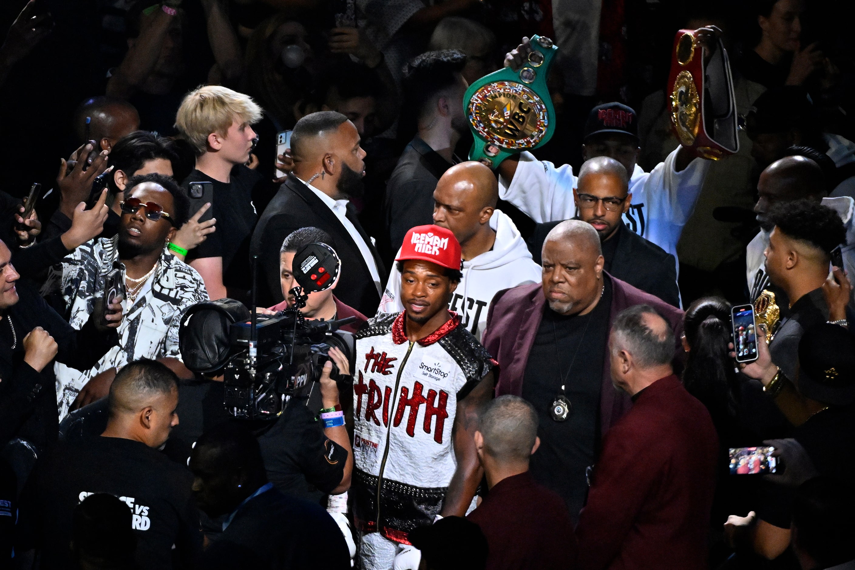 Errol Spence Jr. enters the arena to fight Terence Crawford prior to their undisputed...