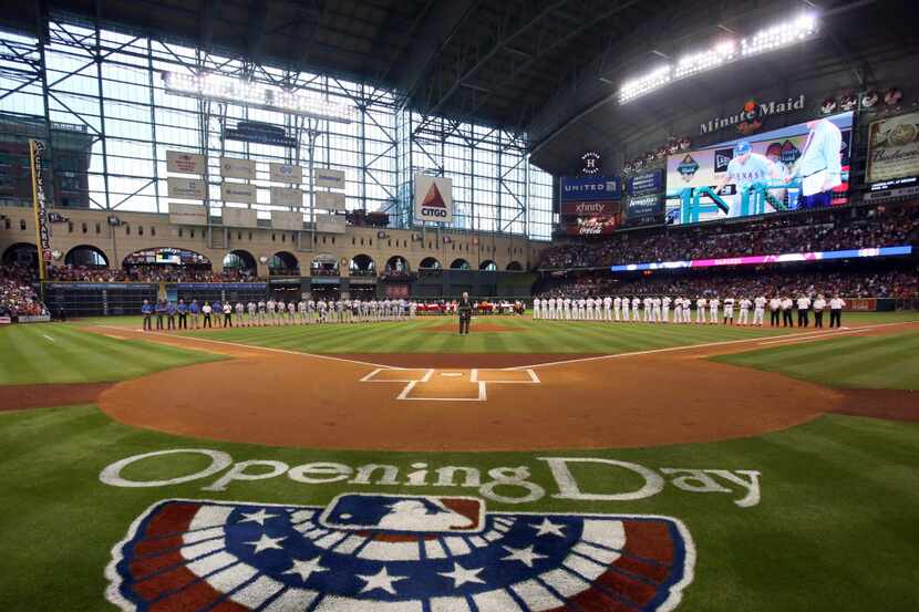 The opening day ceremonies before the Texas Rangers vs. Houston Astros season opener at...