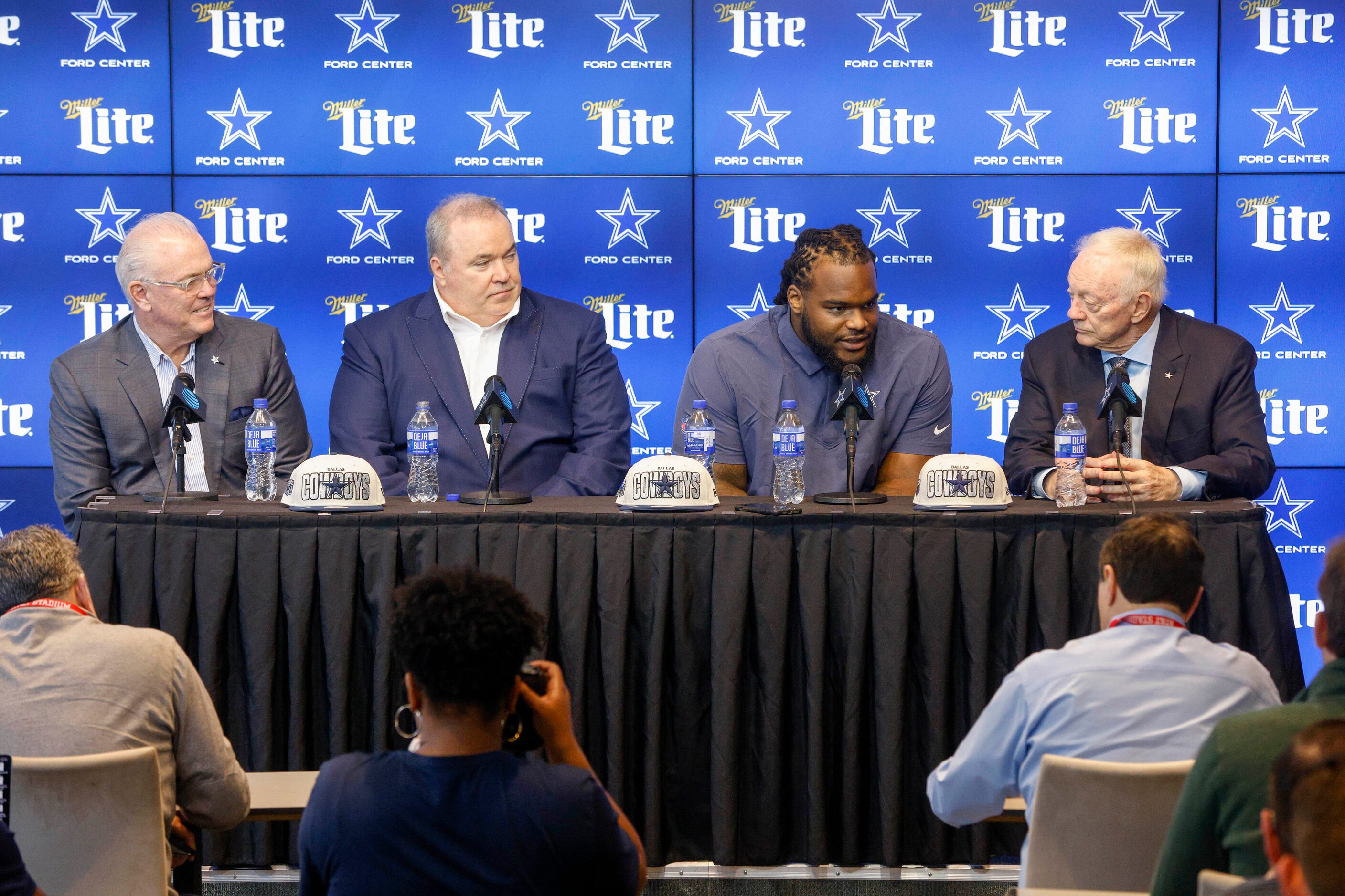 Dallas Cowboys rookie defensive tackle Mazi Smith (second from right) answers questions next...