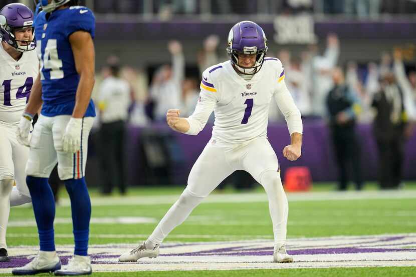 Minnesota Vikings place kicker Greg Joseph celebrates after kicking a 61-yard field goal on...