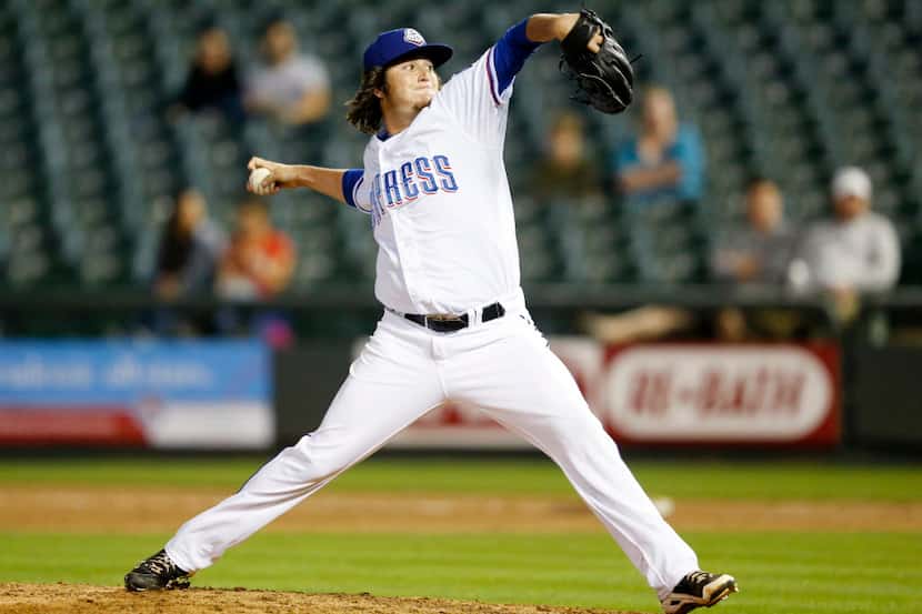 Round Rock Express pitcher Luke Jackson on the mound in the ninth inning in a game against...
