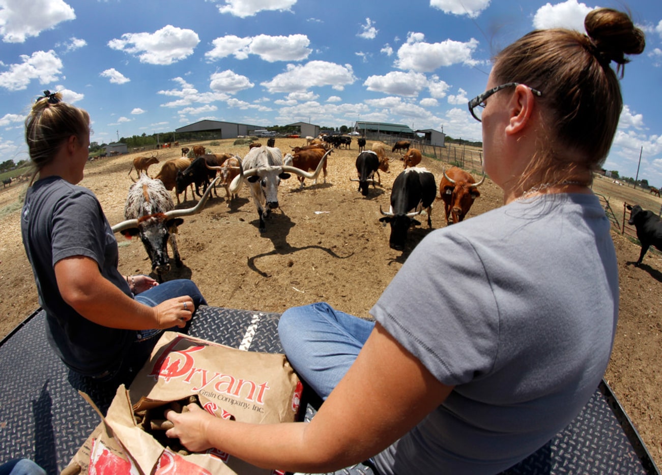 Tami Carlson, left, and Heather Hardin, both from Cleburne, ride on the back of a flatbed...