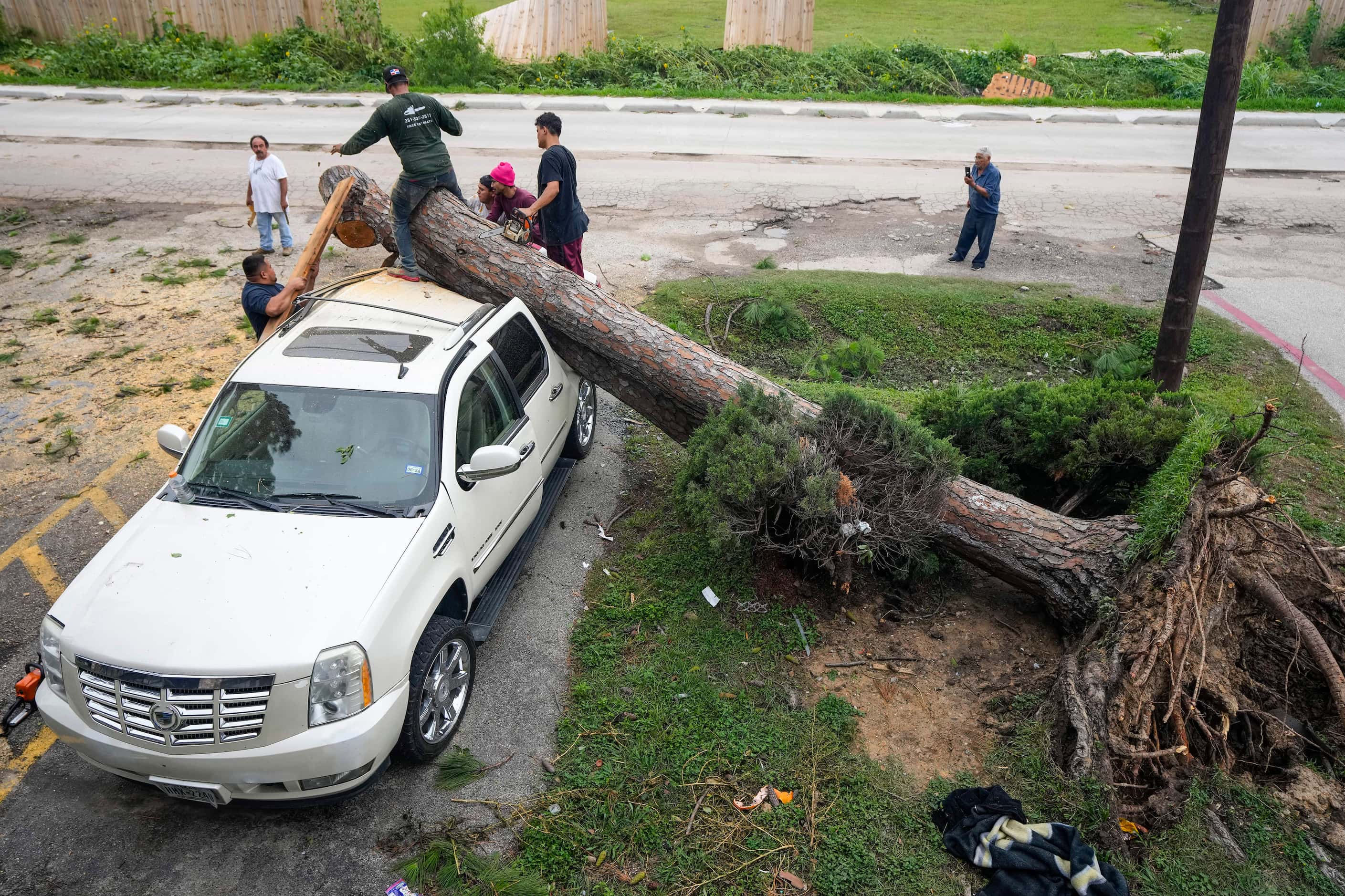 Tree service crews climb atop an SUV to cut apart a tree that fell on it at an apartment...