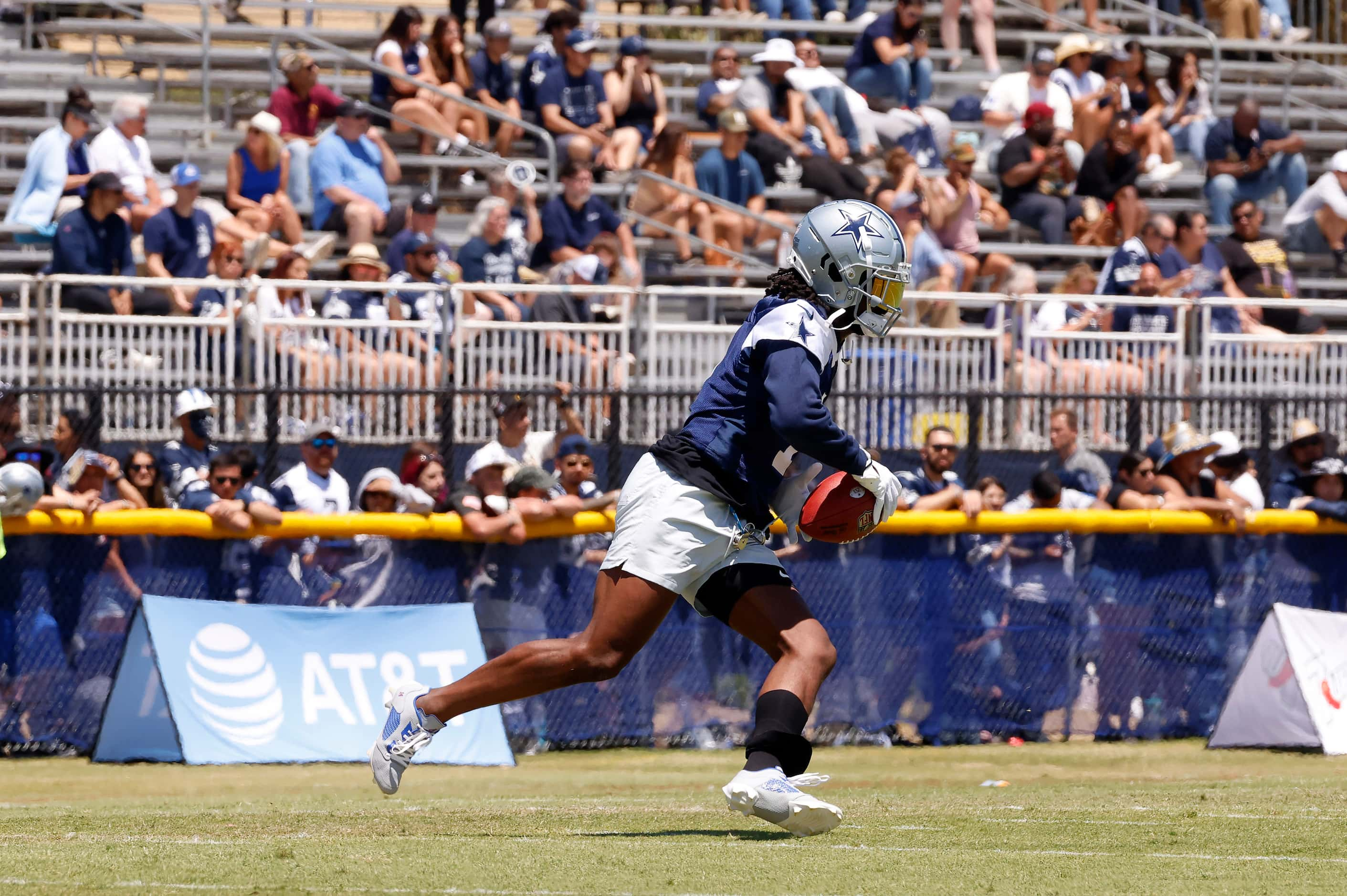 Dallas Cowboys cornerback Trevon Diggs (7) returns a pass thrown to him as he worked out on...