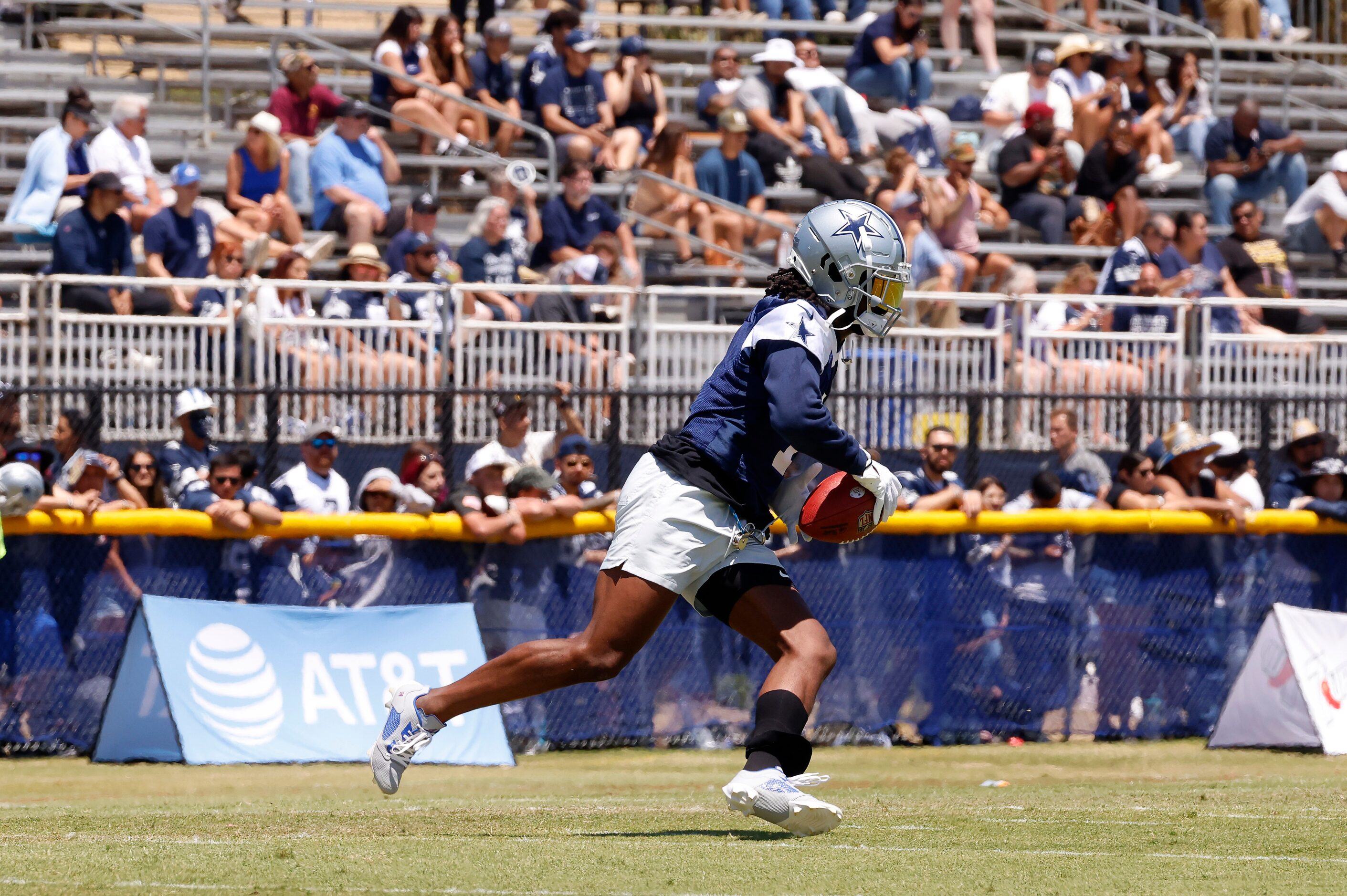 Dallas Cowboys cornerback Trevon Diggs (7) returns a pass thrown to him as he worked out on...