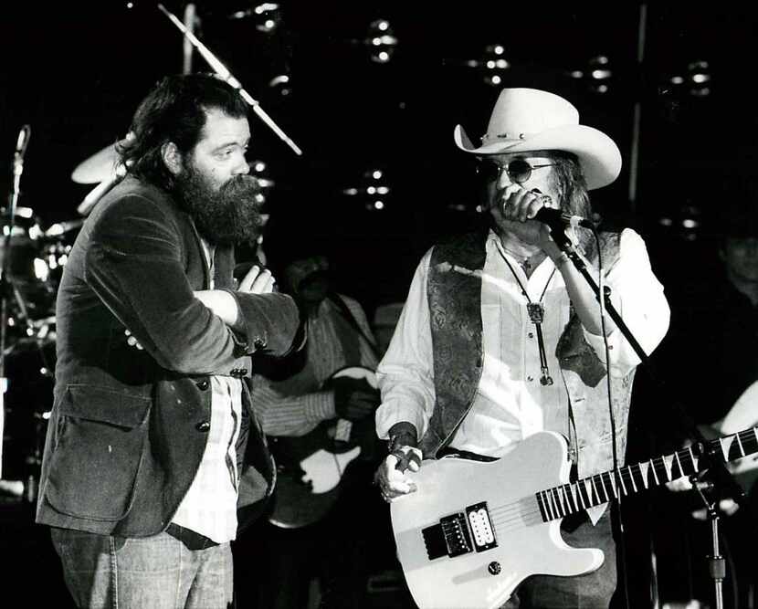 Roky Erickson (left) joins Doug Sahm and the Texas Tornados onstage in March 1991 during the...