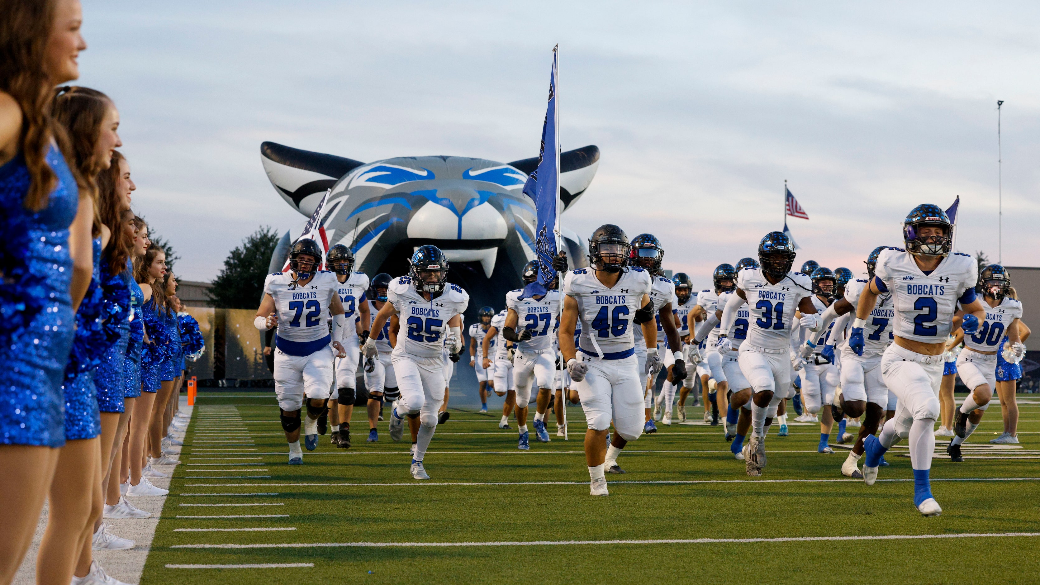 Trophy Club Byron Nelson takes the field before a game against Keller at Keller ISD Stadium,...