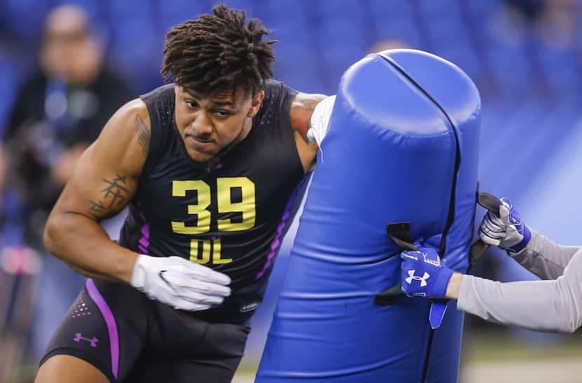 INDIANAPOLIS, IN - MARCH 04: Boston College defensive lineman Harold Landry (DL39) runs thru...