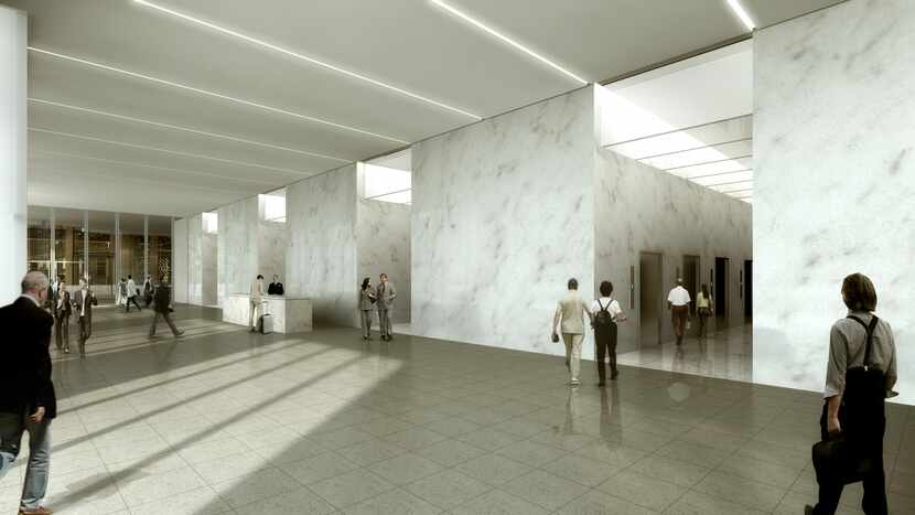 Lighter finishes will brighten up the lobbies of the 50-story Thanksgiving Tower. The new...