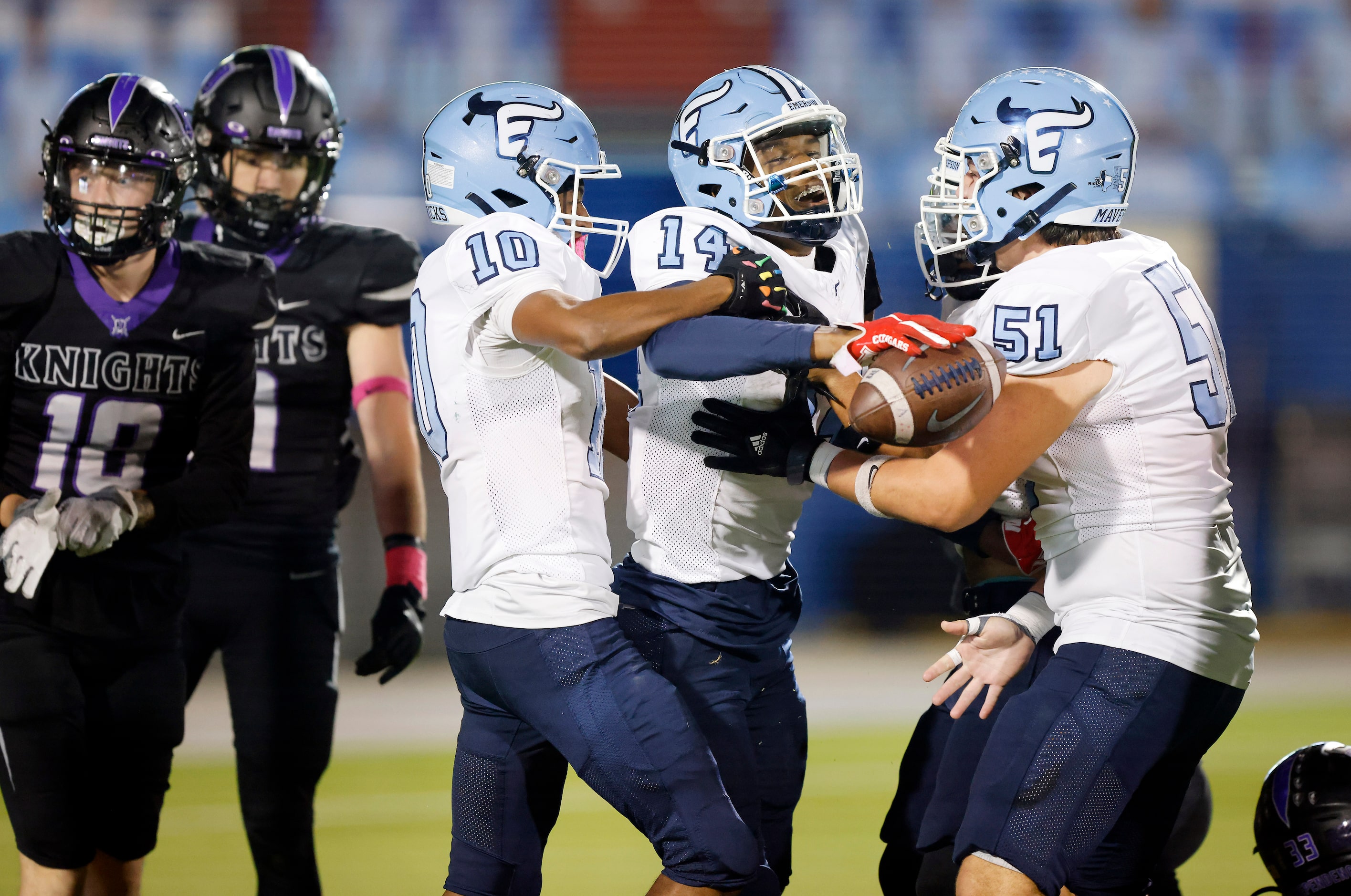 Frisco Emerson wide receiver Kelton Wafer (14) celebrates his first half touchdown with...