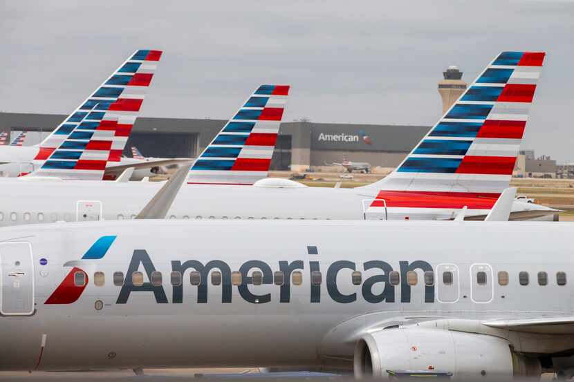 American Airlines planes are shown at Terminal D at DFW Airport in 2020.