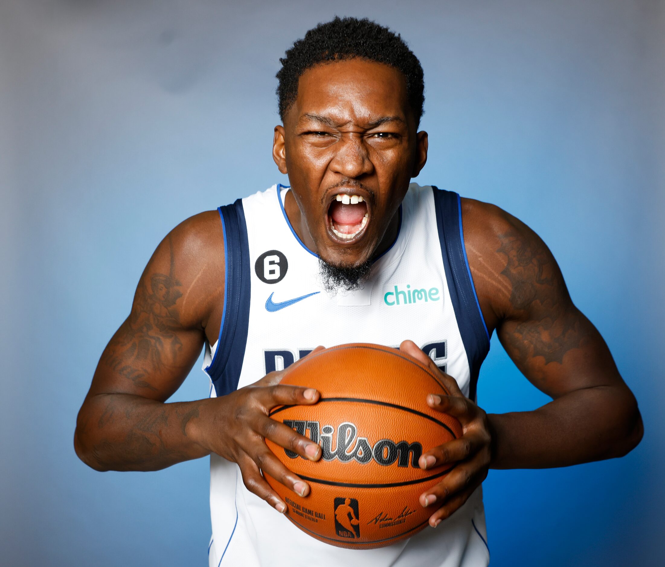 Dallas Mavericks’ Dorian Finney-Smith is photographed during the media day at American...