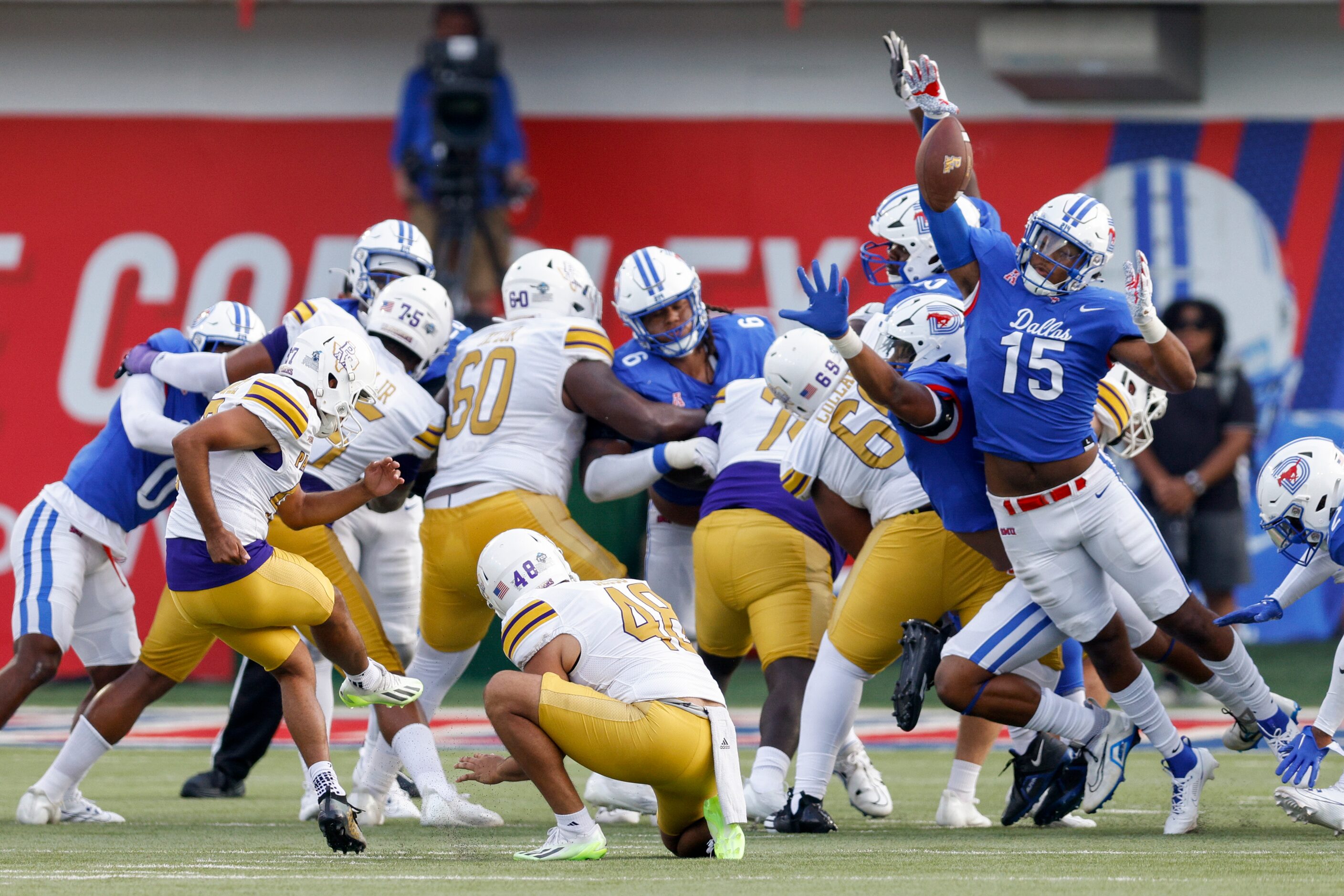 SMU defensive end Cameron Robertson (15) blocks a field goal attempt from Prairie View A&M...