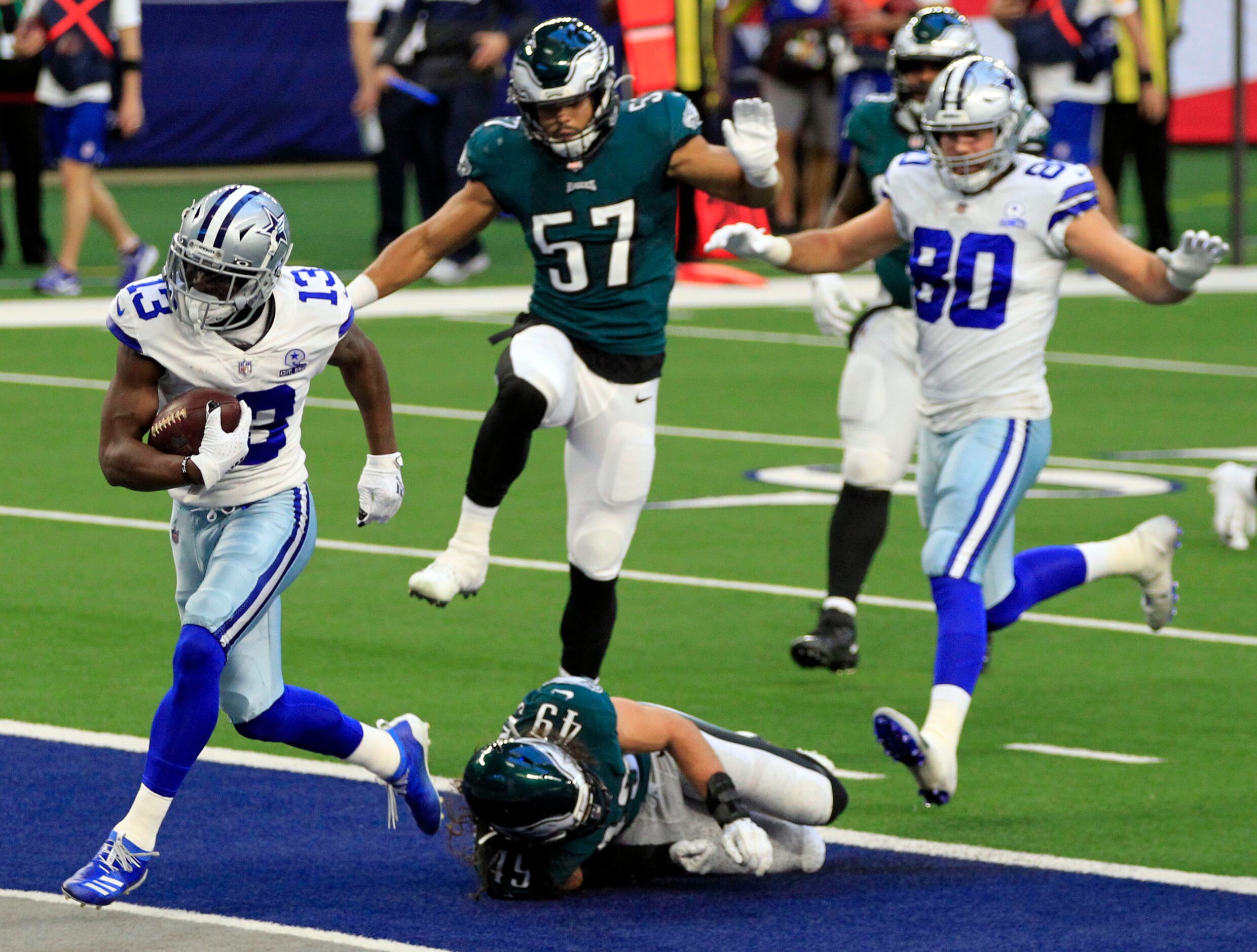 Dallas Cowboys wide receiver Michael Gallup (13) advances a catch for a touchdown during the...