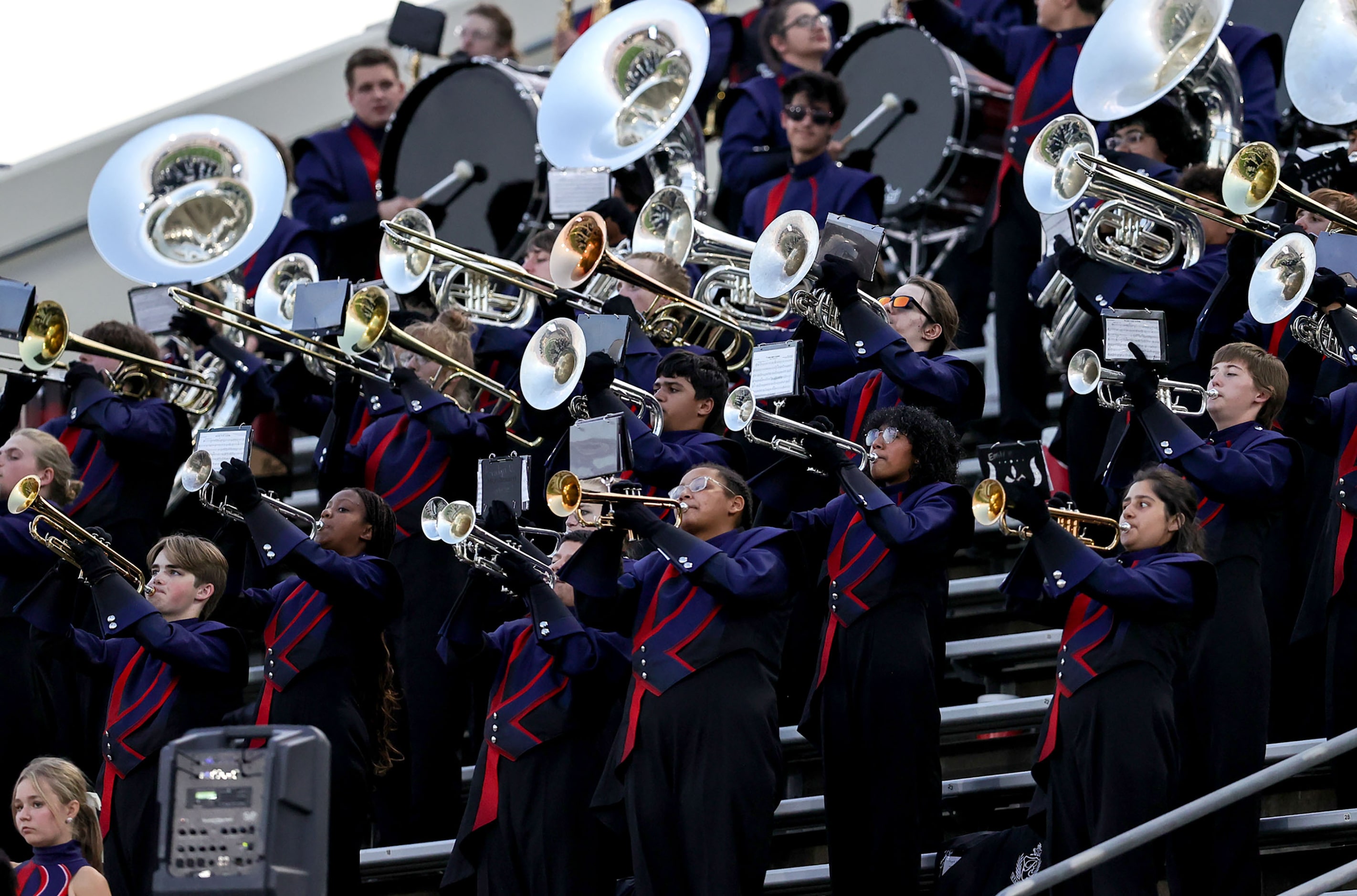 The Denton Ryan band performs before the game against Richland in a District 3-5A Division I...