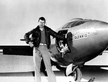Capt. Charles E. Yeager is shown standing next to the Air Force's Bell-built X-1 supersonic...