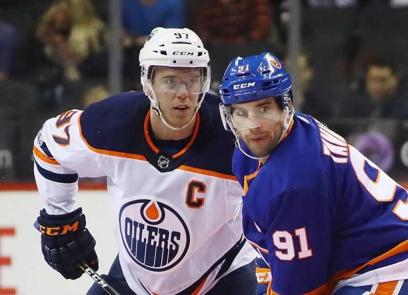 NEW YORK, NY - NOVEMBER 07:  Connor McDavid #97 of the Edmonton Oilers skates against John...