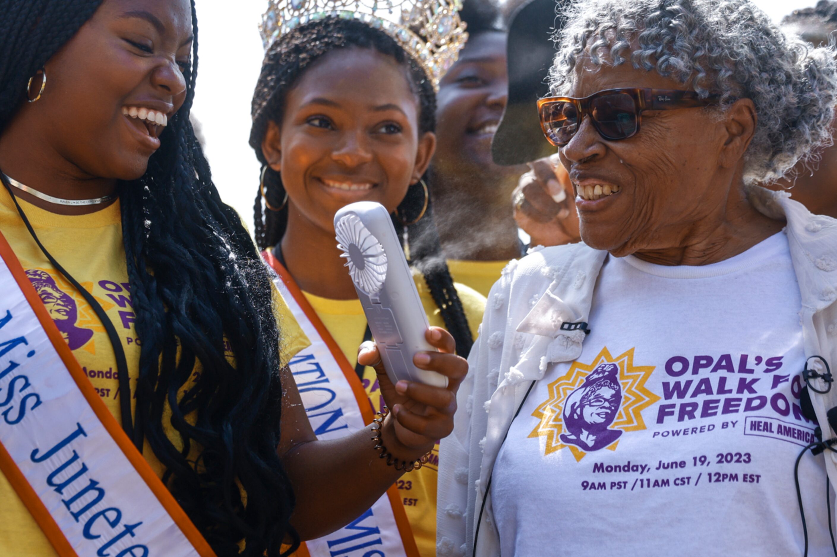 Raven Johnson, left, Miss Juneteenth DFW 2023, and Madison Corzine, center, National Miss...