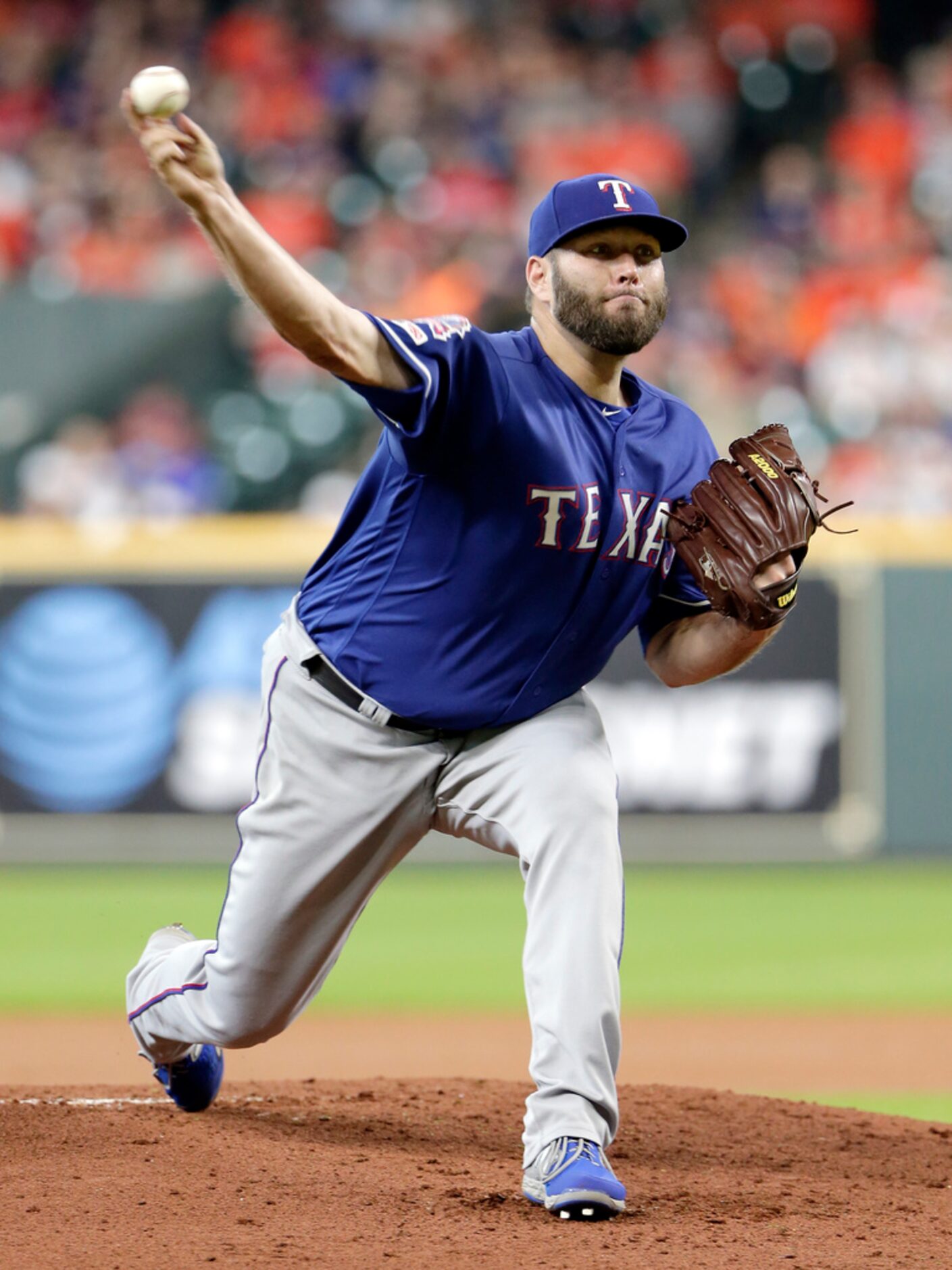 Texas Rangers starting pitcher Lance Lynn throws against the Houston Astros during the first...