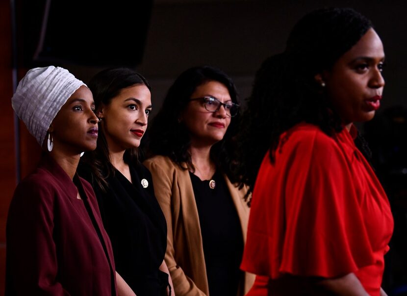 Democratic U.S. Rep. Ayanna Pressley speaks as Ilhan Abdullahi Omar, Rashida Tlaib and...