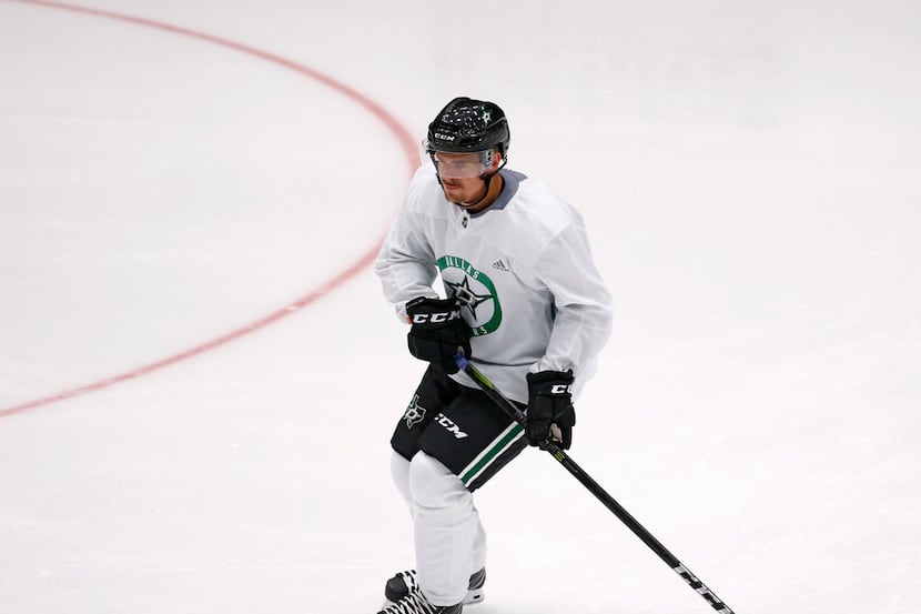 Dallas Stars Emil Djuse (40) warms up with the team during the Dallas Stars prospect camp at...