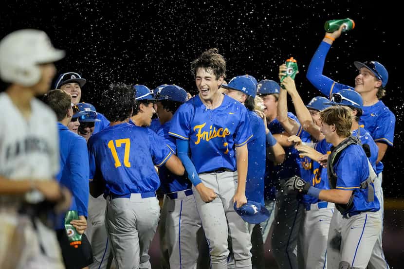 Frisco pitcher Landon Karrh (7) celebrates with teammates after the final out of a 4-0...