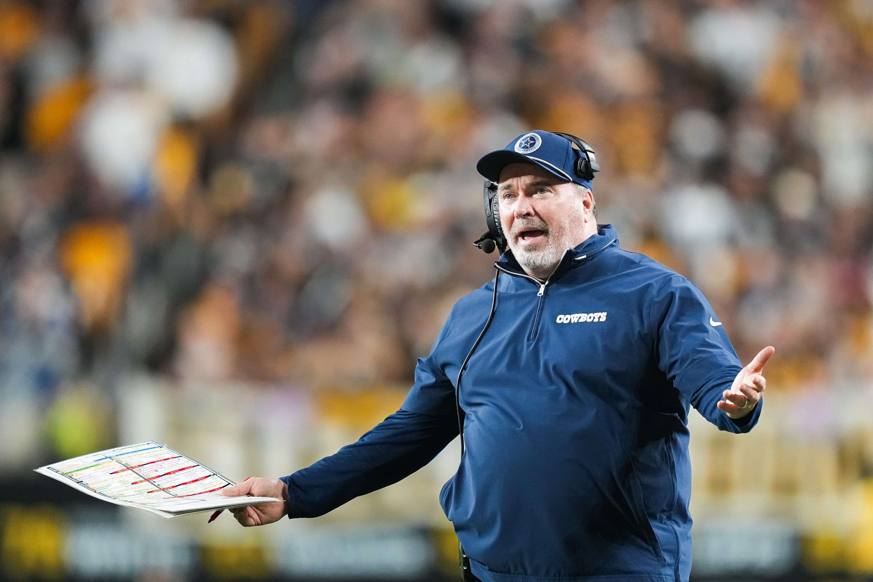 Dallas Cowboys head coach Mike McCarthy reacts to a call during the second half of an NFL...