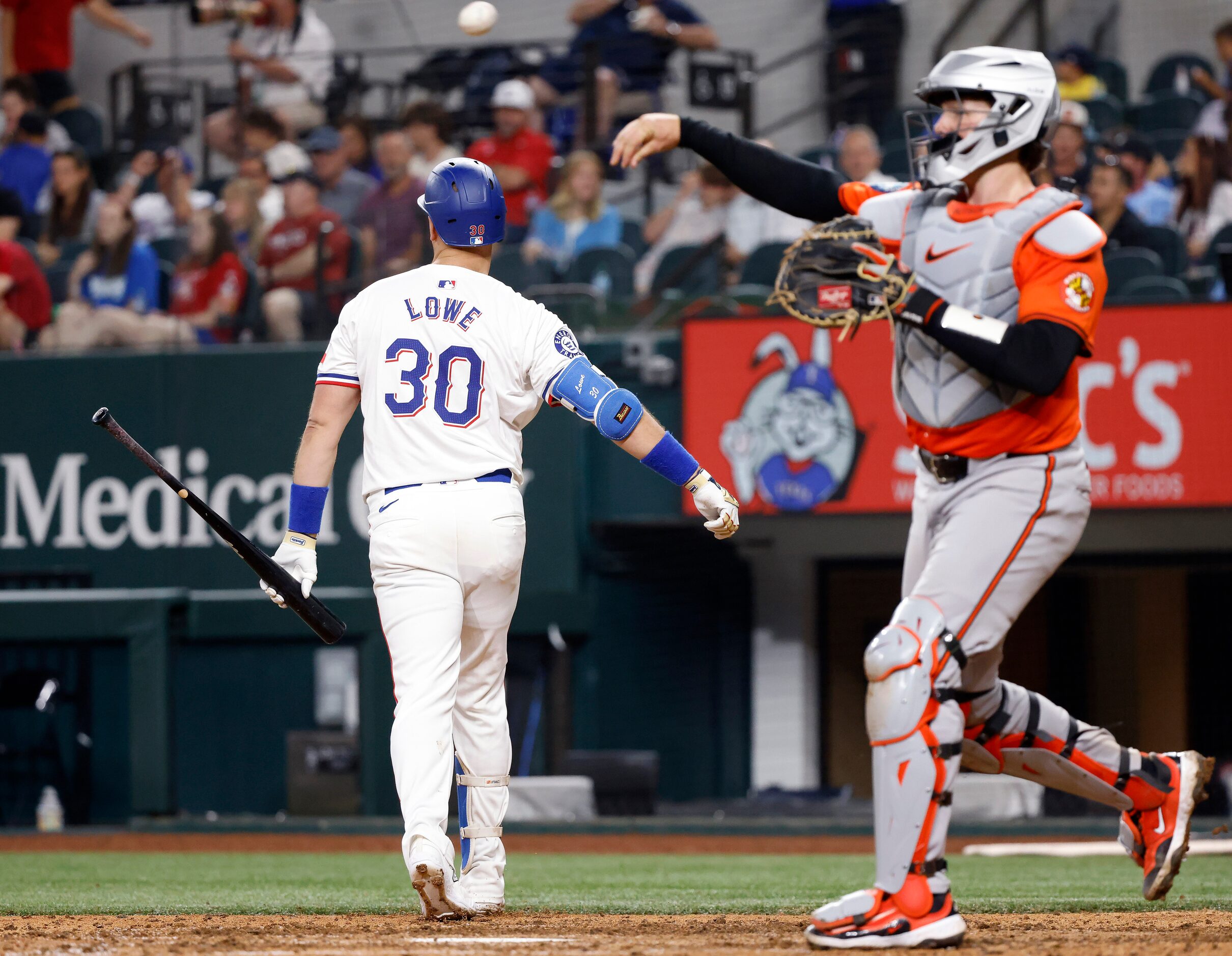 Texas Rangers batter Nathaniel Lowe (30) struck out looking to end the eighth inning against...