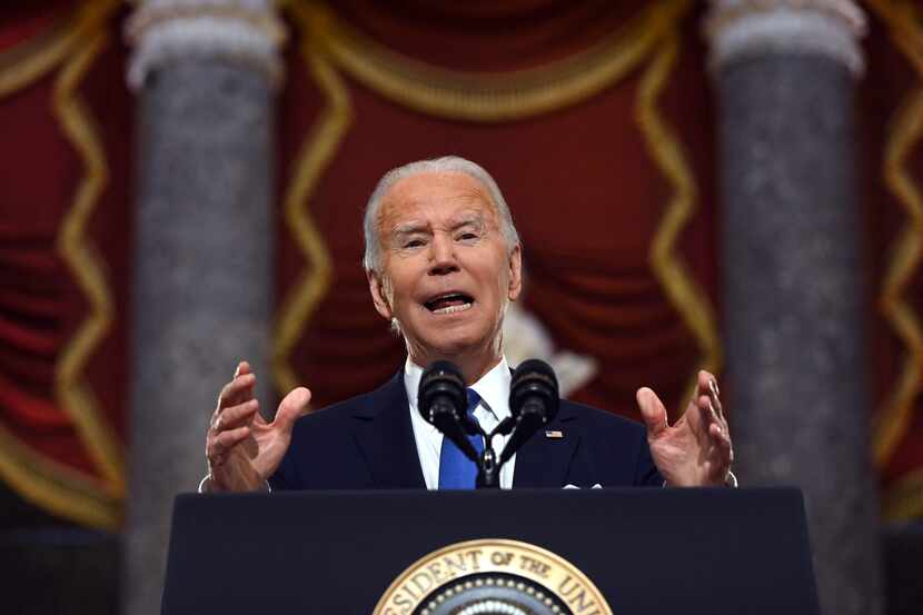 President Joe Biden speaks at the US Capitol on January 6, 2022, to mark the anniversary of...