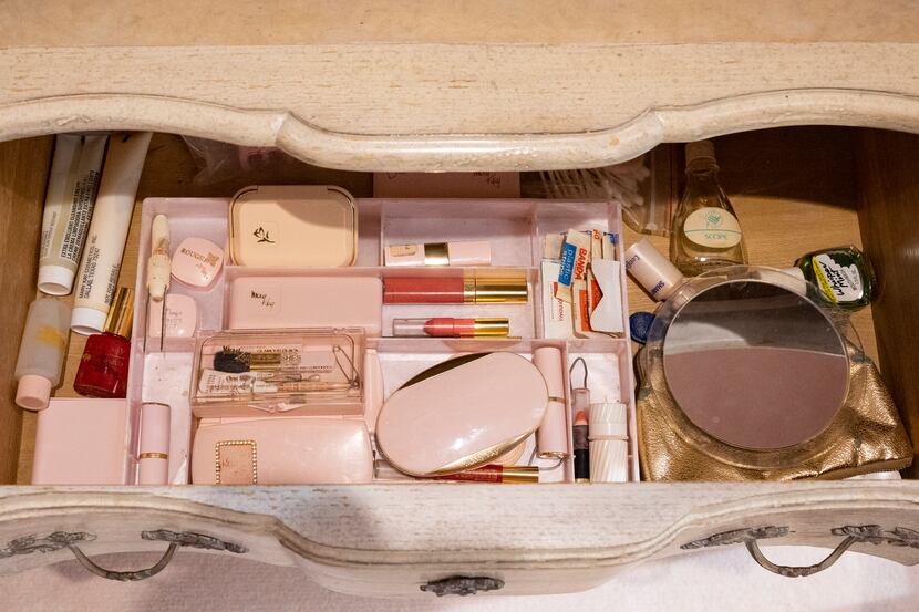 The makeup in the powder room of Mary Kay Ash’s office has been kept just as it was before...