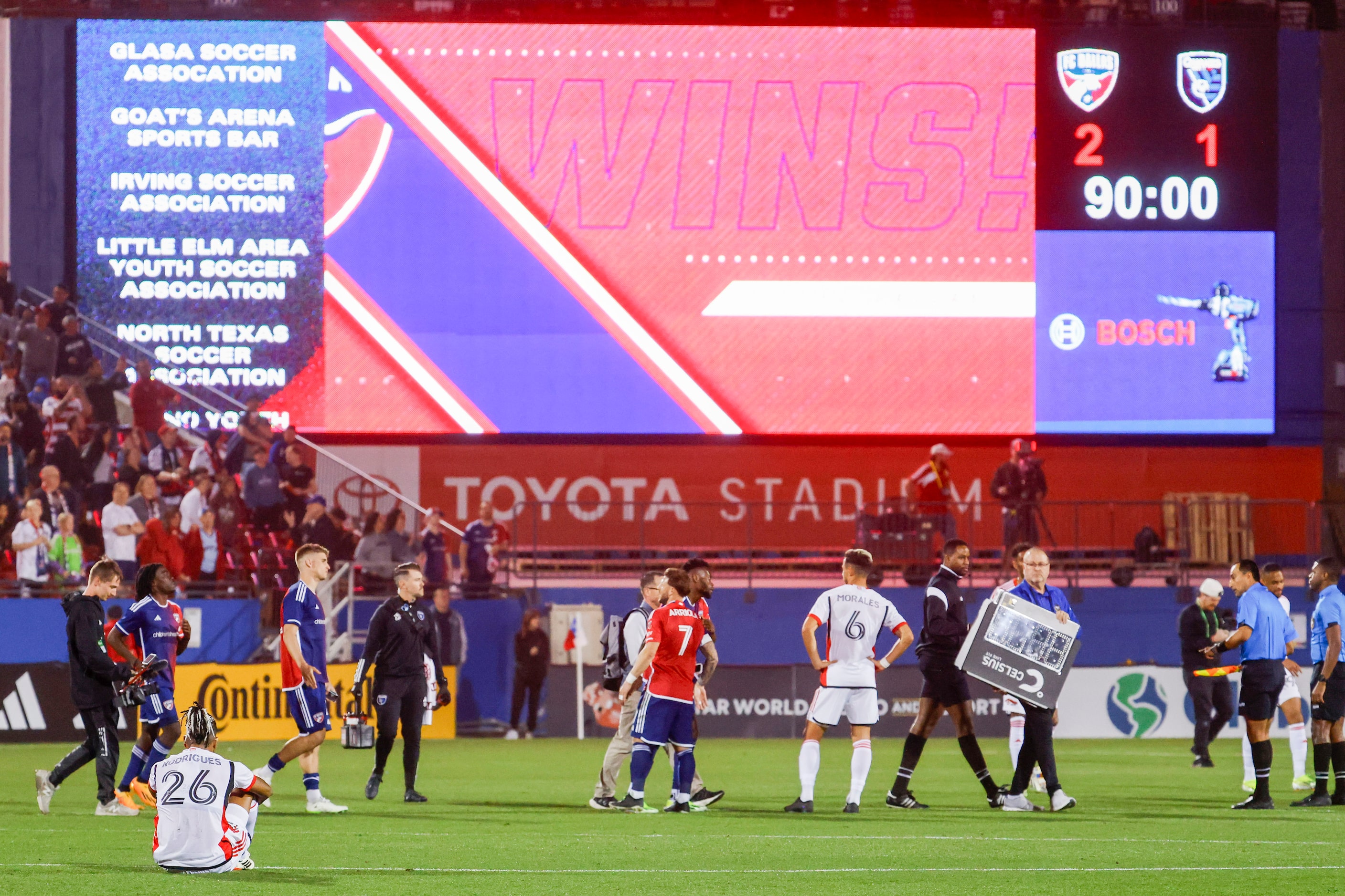 San Jose defender Rodrigues (26) remains on the field after falling short against FC Dallas...